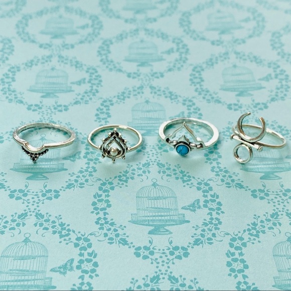 Boho Goddess Turquoise Moon Silver 4pc Ring Set - Picture 4 of 6